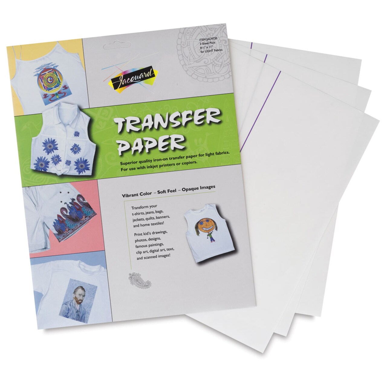 Jacquard Iron-On Transfer Paper - For Light Fabrics, 8.5 x 11 Sheets, Pkg  of 3